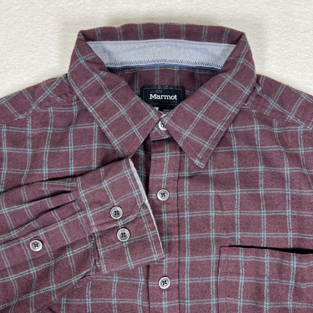 Marmot Shirt‎ Mens Medium Burgundy Plaid Flannel Button Front Long Sleeve